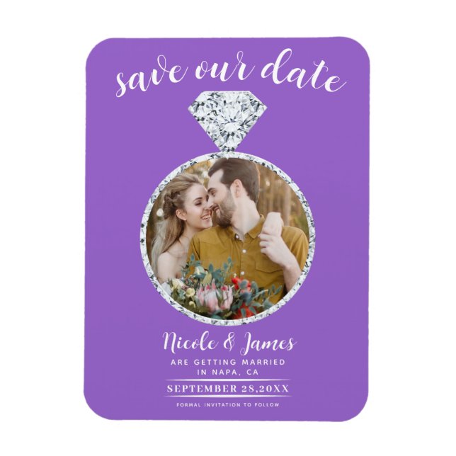 Purple Diamond Ring Bling Photo Save the Date Magnet (Vertical)