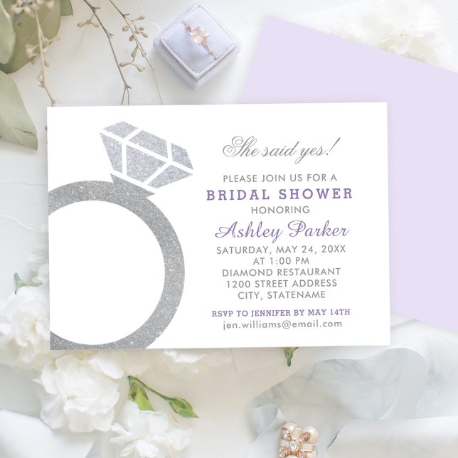 Purple Diamond Ring Glitter Wedding Bridal Shower Invitation (Creator Uploaded)