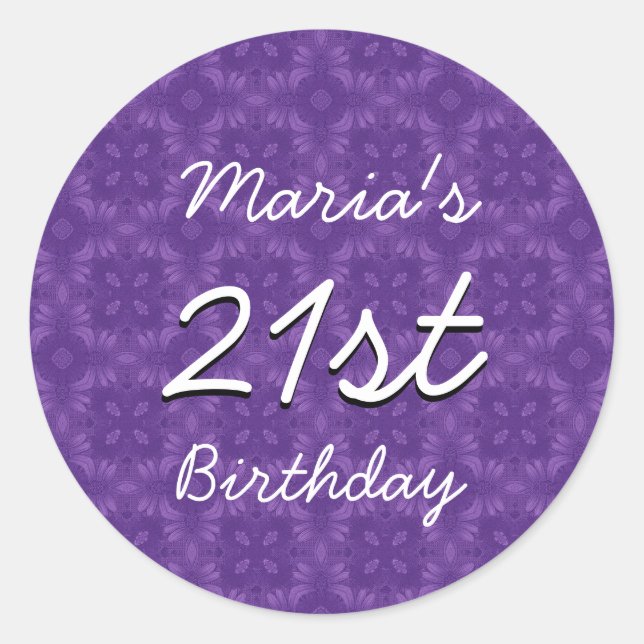 Purple Diamonds 21st Birthday Custom Name V213 Classic Round Sticker (Front)