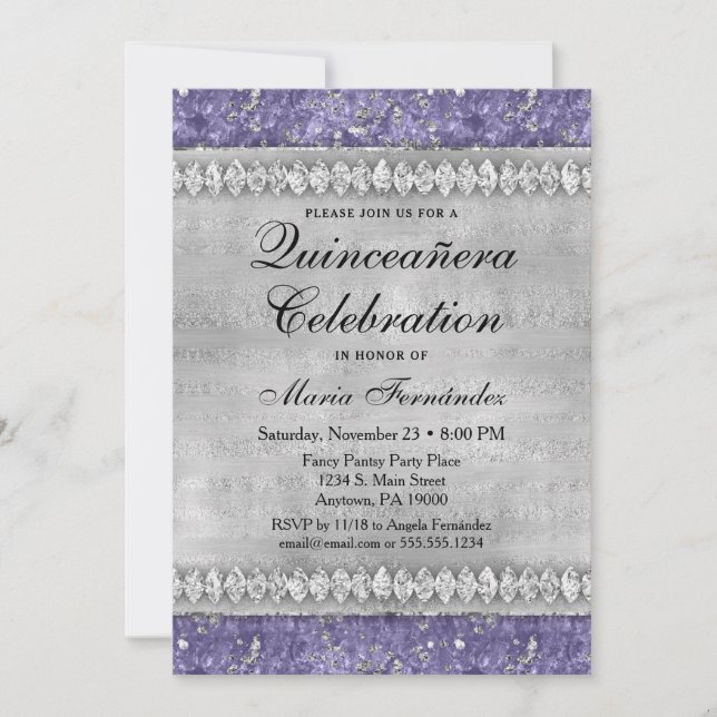 Purple Diamonds Quinceañera Invitation Silver Glam (Front)