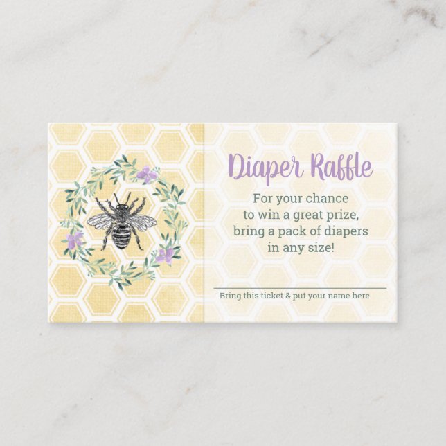 Purple diaper raffle ticket bee honeycomb gingham enclosure card (Front)