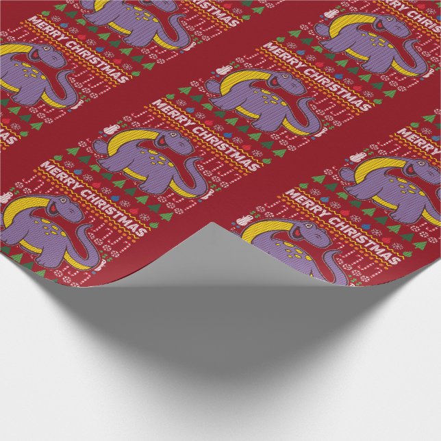 Purple Dino Ugly Christmas Sweater Wildlife Series Wrapping Paper (Corner)