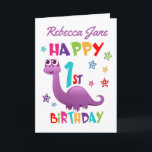 Purple Dinosaur 1st Birthday Card<br><div class="desc">A special 1st birthday card! This bright fun first birthday card features a purple dinosaur, some pretty stars and colourful text. A cute design for someone who will be one year old. Add the 1st birthday child's name to the front of the card to customise it for the special boy...</div>