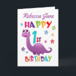 Purple Dinosaur 1st Birthday Card<br><div class="desc">A special 1st birthday card! This bright fun first birthday card features a purple dinosaur, some pretty stars and colourful text. A cute design for someone who will be one year old. Add the 1st birthday child's name to the front of the card to customise it for the special boy...</div>