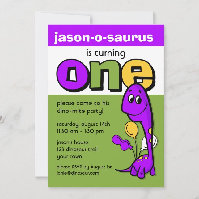 Purple Dinosaur 1st Birthday Invitation (Front)