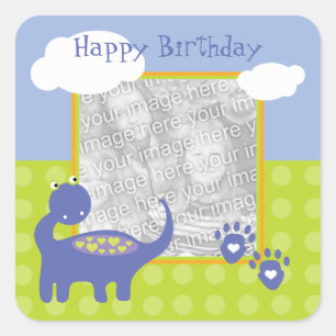 Purple Dinosaur Birthday with Dots Photo Square Sticker