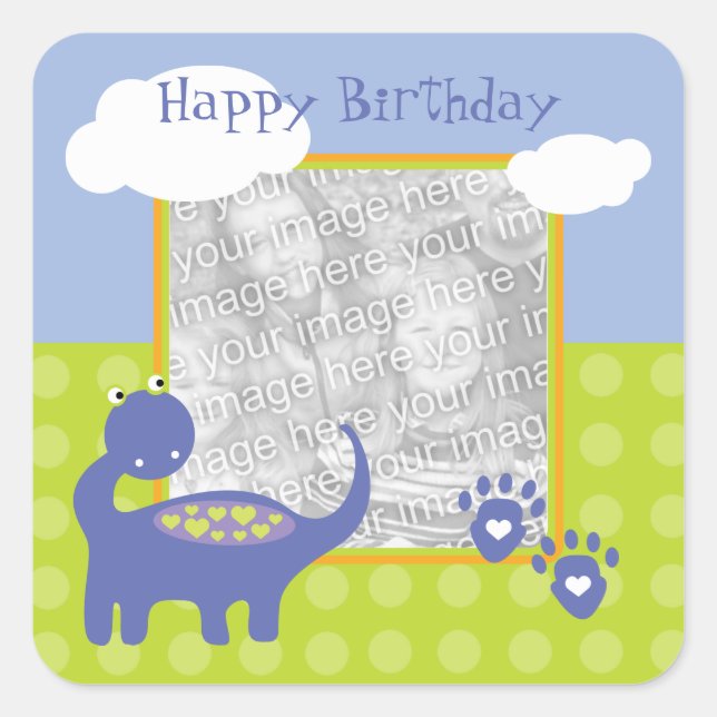 Purple Dinosaur Birthday with Dots Photo Square Sticker (Front)