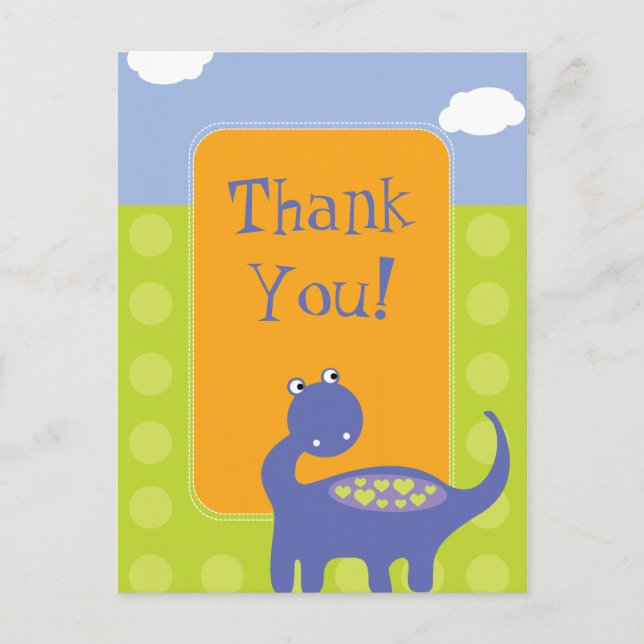 Purple Dinosaur Birthday with Dots Thank You Postcard (Front)
