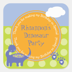 Purple Dinosaur Birthday with Dots Thank You Square Sticker