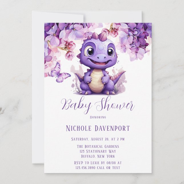 Purple Dinosaur Floral Butterfly Girl Baby Shower Invitation (Front)