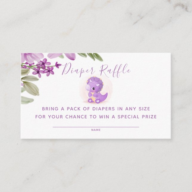  Purple Dinosaur Girl Baby Shower Diaper Raffle Business Card (Front)