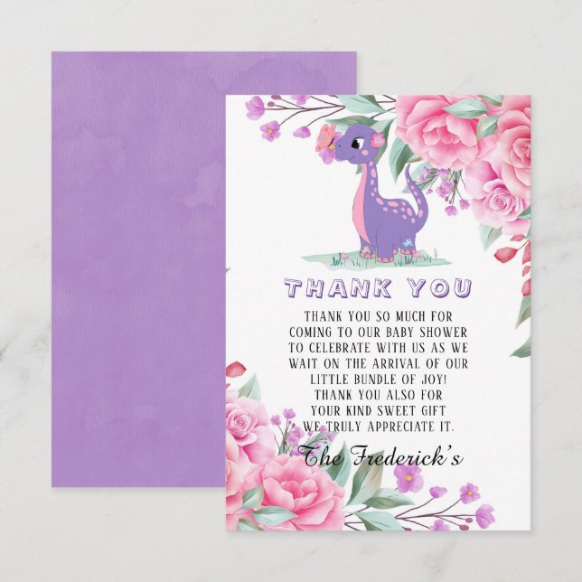 Purple Dinosaur Girl Baby Shower Thank You Cards (Front/Back)