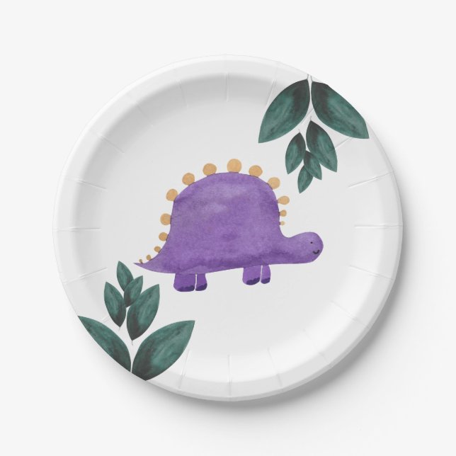 Purple Dinosaur Kid Party Green Dino Birthday Paper Plate (Front)