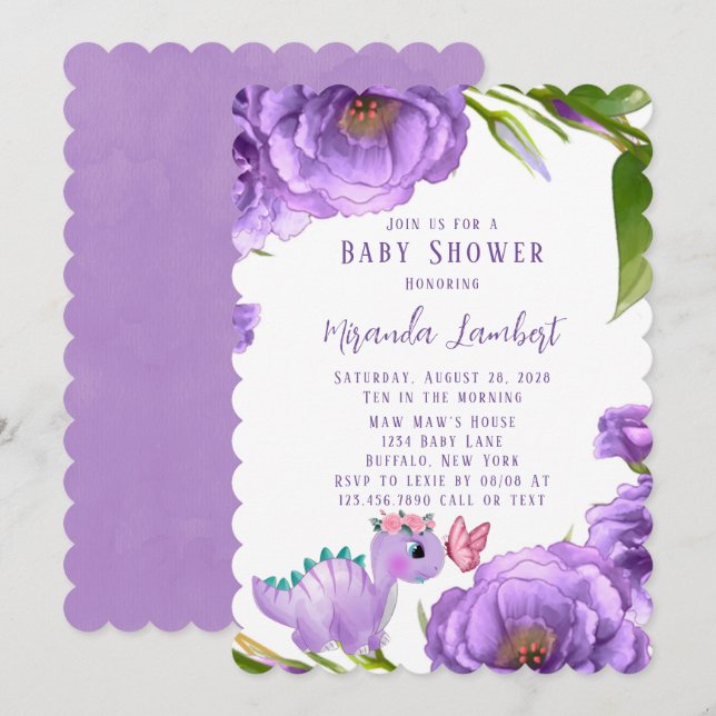 Purple Dinosaur Peony Butterfly Girl Baby Shower Invitation (Front/Back)
