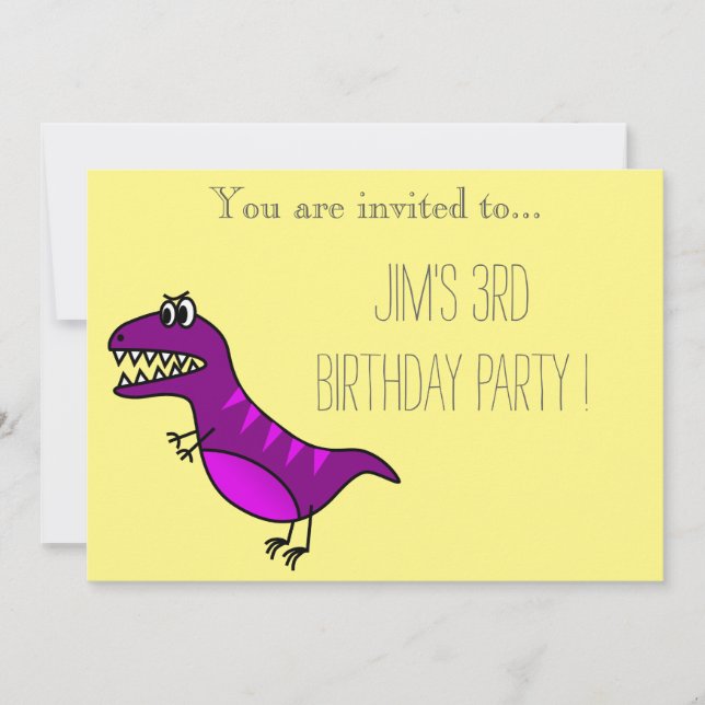 Purple dinosaur young boy's birthday party invitation (Front)