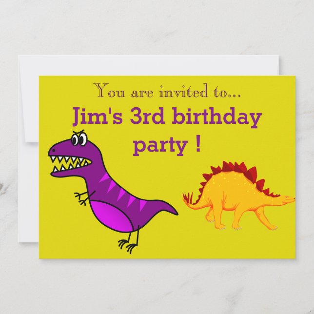 Purple dinosaur young boy's birthday party invitation (Front)