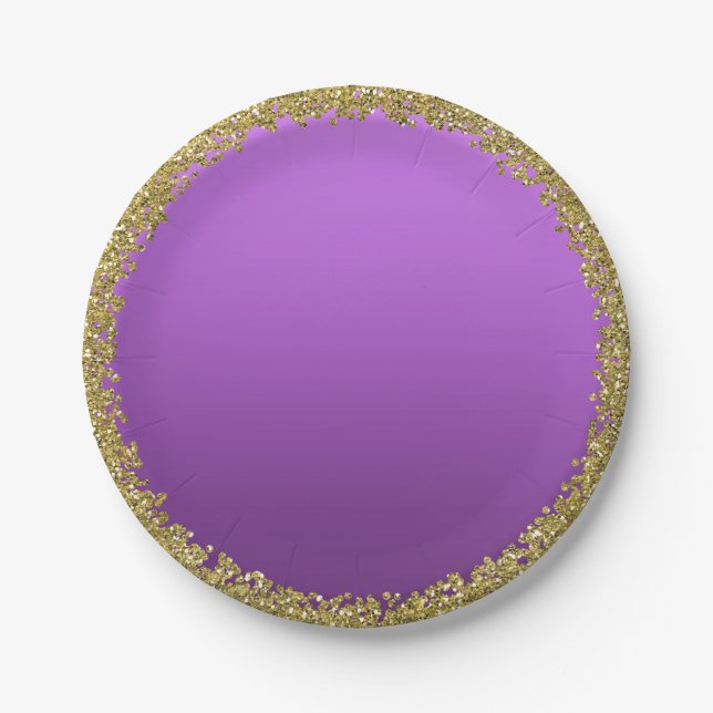 Purple Dipped Gold Glitter Glam Sparkle Party Paper Plate (Front)