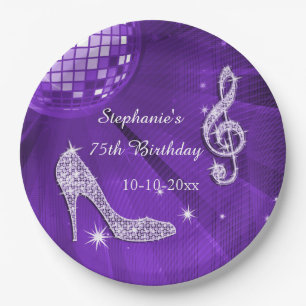 Purple Disco Ball and Heels 75th Birthday Paper Plate