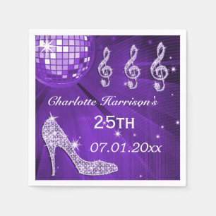 Purple Disco Ball and Sparkle Heels 25th Napkin