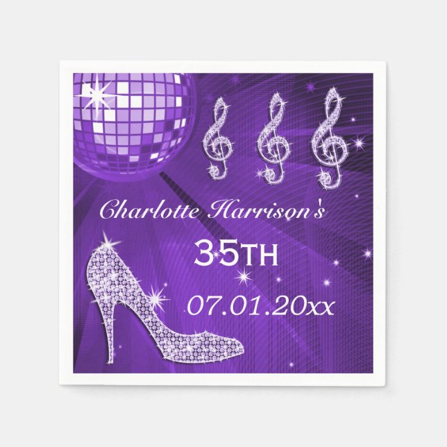 Purple Disco Ball and Sparkle Heels 35th Napkin (Front)