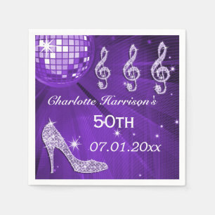 Purple Disco Ball and Sparkle Heels 50th Napkin
