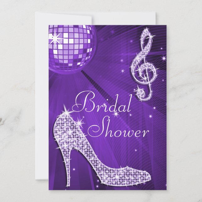 Purple Disco Ball and Sparkle Heels Bridal Shower Invitation (Front)