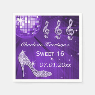 Purple Disco Ball and Sparkle Heels Sweet 16 Napkin