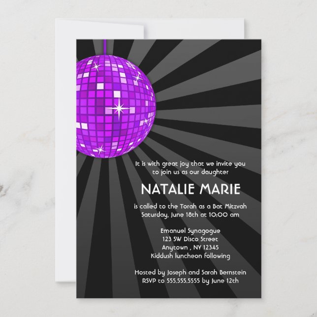 Purple Disco Ball Bat Mitzvah Invitations (Front)