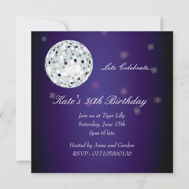 Purple Disco Ball Birthday Party Invitation (Front)