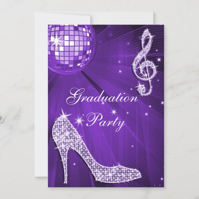 Purple Disco Ball Sparkle Heels Graduation Invitation (Front)