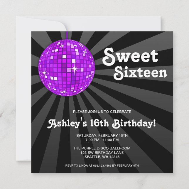 Purple Disco Ball Sweet 16 Birthday Party Invitation (Front)