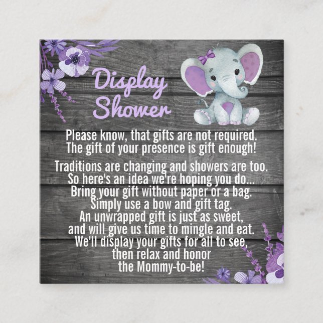 Purple Display shower elephant rustic floral Square Business Card (Front)