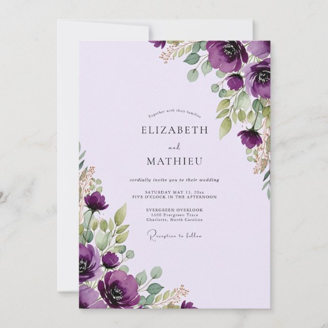 Purple Distinctive Botanical Wedding Invitation (Front)