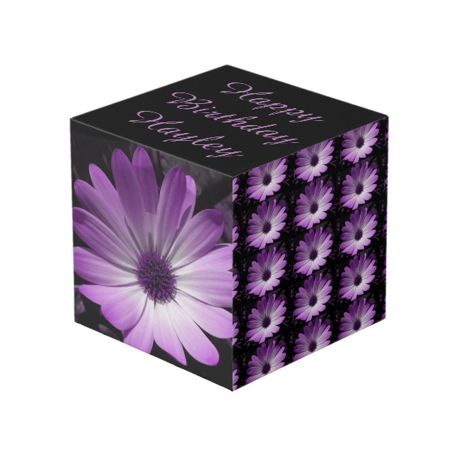 Purple Disyy Flower Personalised Cube (Front Angled)