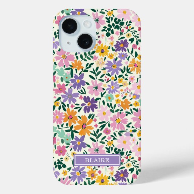 Purple Ditsy Flowers Monogrammed Case-Mate iPhone Case (Back)
