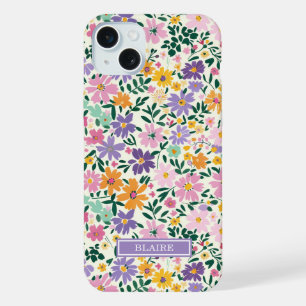 Purple Ditsy Flowers Monogrammed iPhone 15 Plus Case