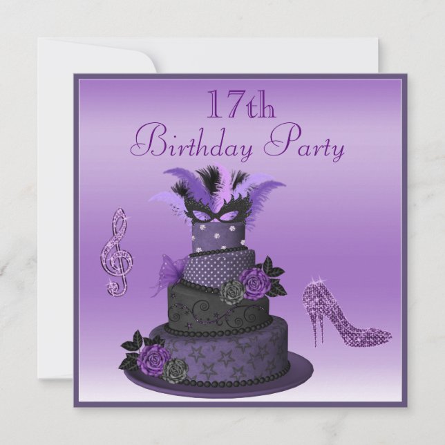 Purple Diva Cake, Sparkle High Heels 17th Birthday Invitation (Front)