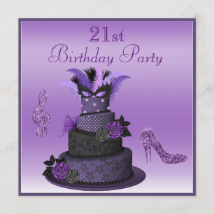 Purple Diva Cake, Sparkle High Heels 21st Birthday Invitation