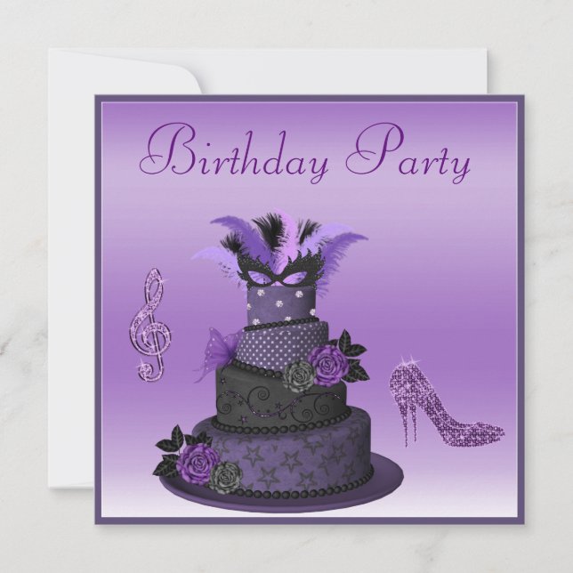 Purple Diva Cake, Sparkle High Heels Birthday Invitation (Front)