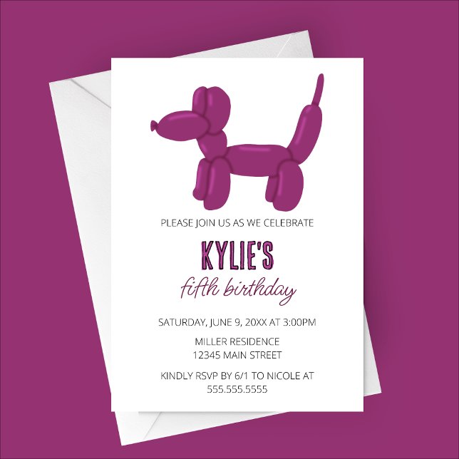 Purple Dog Balloon Animal Birthday Party Invitation (Purple Dog Balloon Animal Birthday Party Invitation)