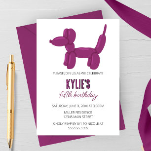 Purple Dog Balloon Animal Birthday Party Invitation