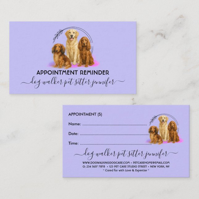 purple Dog Breeds Vet Pet Care Script Appointment Business Card (Front/Back)