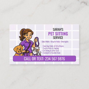 Purple Dog Cat Cartoon Girl QR Pet Sitting Business Card