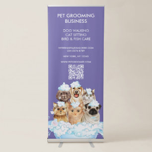 Purple Dog Cat Sitting Spa bath Pet Groomer Retractable Banner