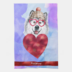 Purple Dog Lover Valentine Gift Alaskan Malamute Tea Towel