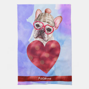 Purple Dog Lover Valentine Gift French Bulldog Tea Towel
