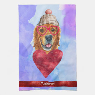Purple Dog Lover Valentine Gift Golden Retriever Tea Towel