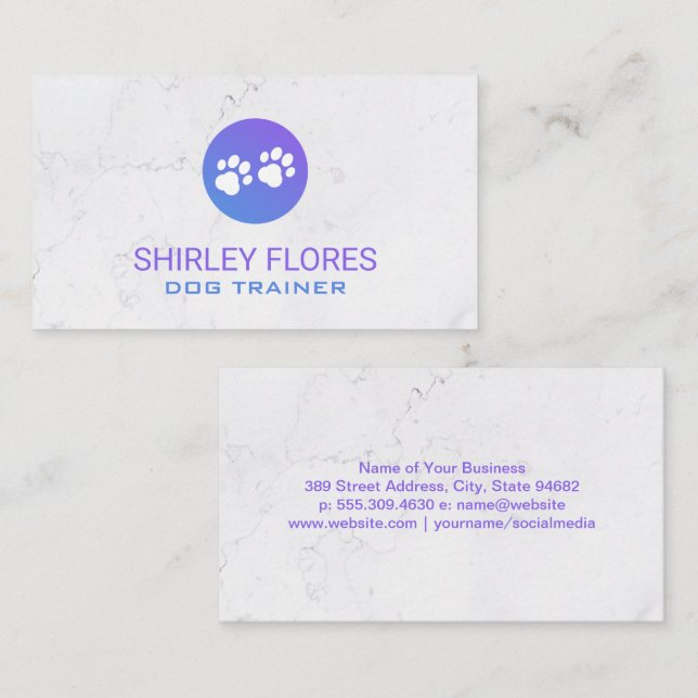 Purple Dog Paw Icon | White Marble Background Business Card (Front/Back)