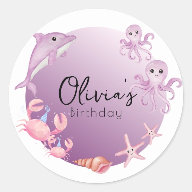 Purple dolphin and jellyfish birthday  classic round sticker (Front)