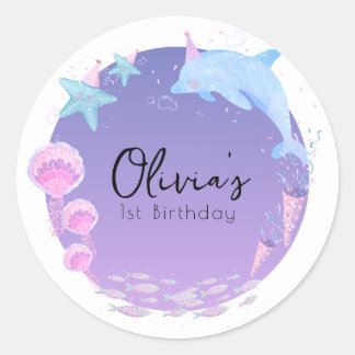Purple dolphin mermaid birthday classic round sticker